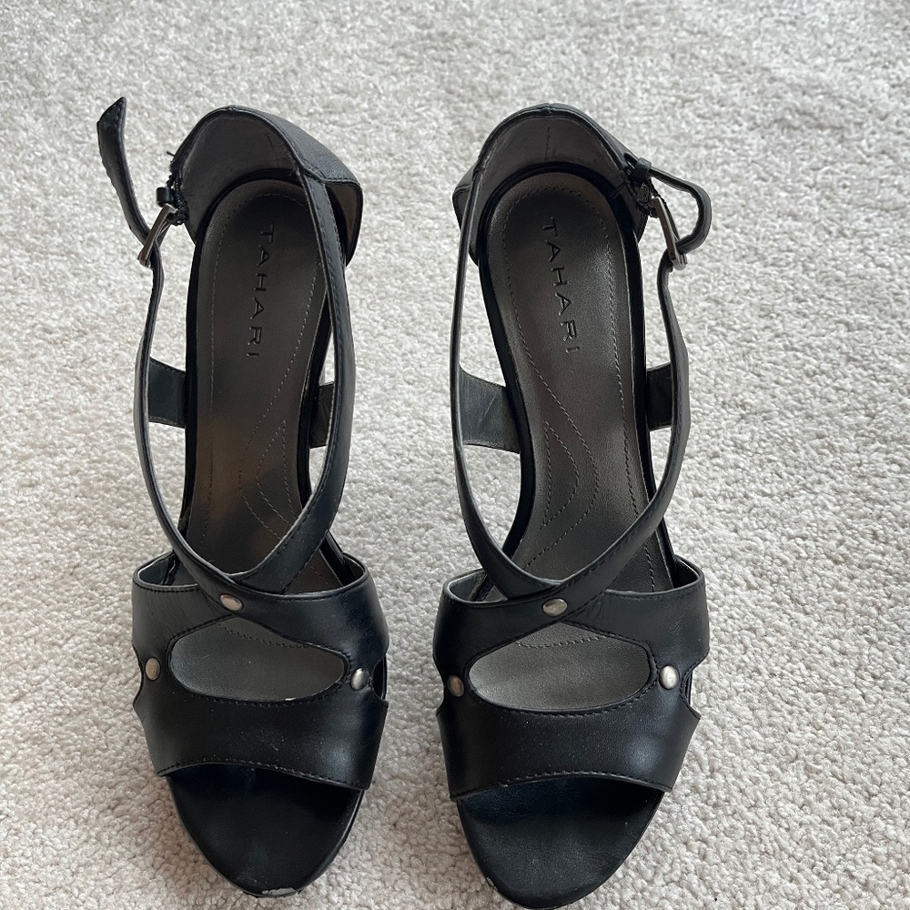 Tahari TA-Flora Black Striped Leather Platform Shoes with 4-inch heel